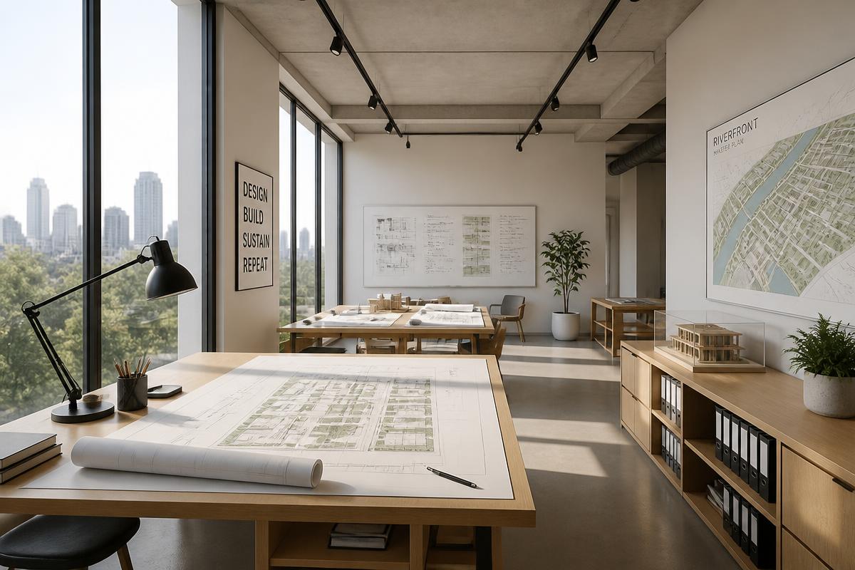 Oficina minimalista con planos arquitectónicos y luz natural