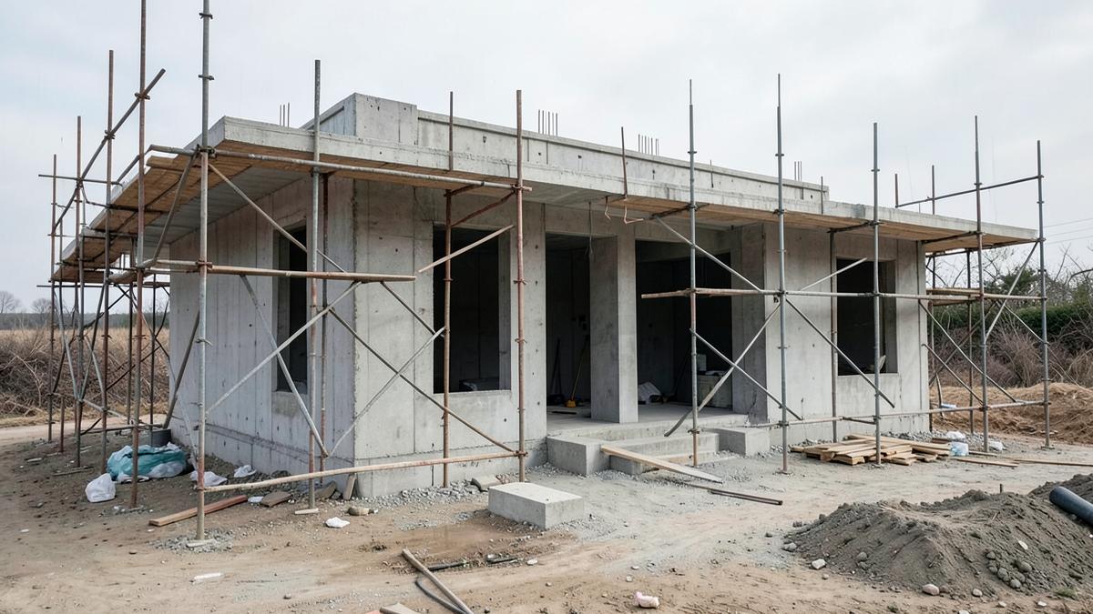 Obra de vivienda en concreto con andamios sin terminar