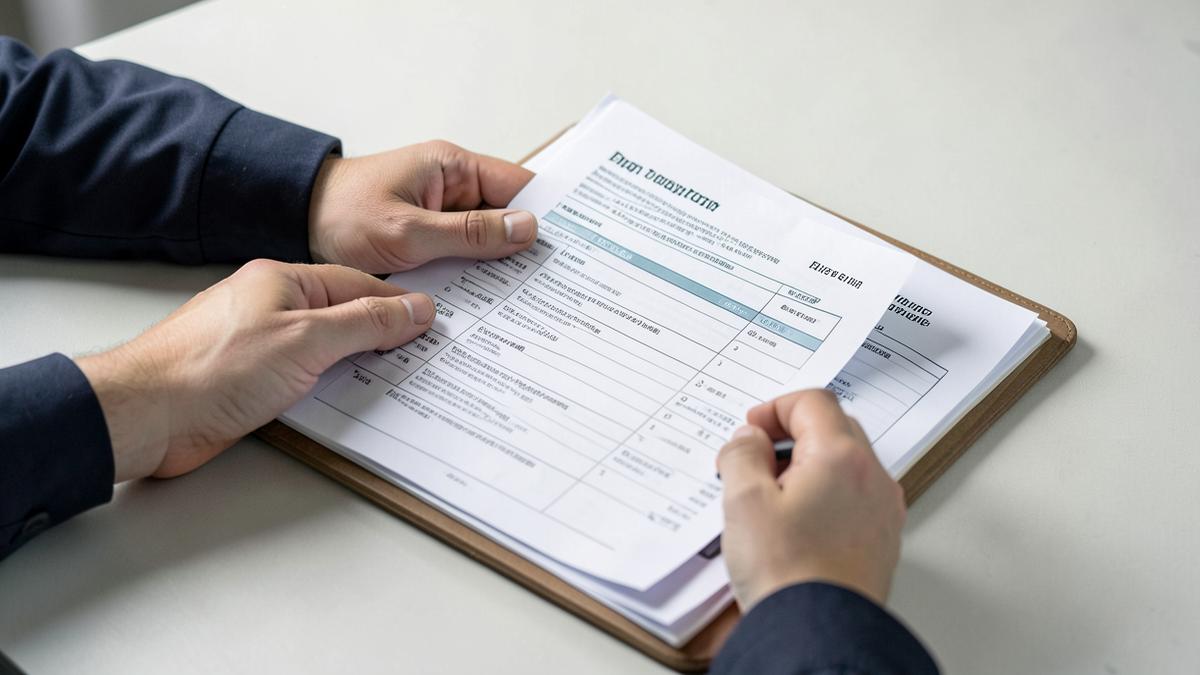 Manos revisando una lista de documentos en una carpeta