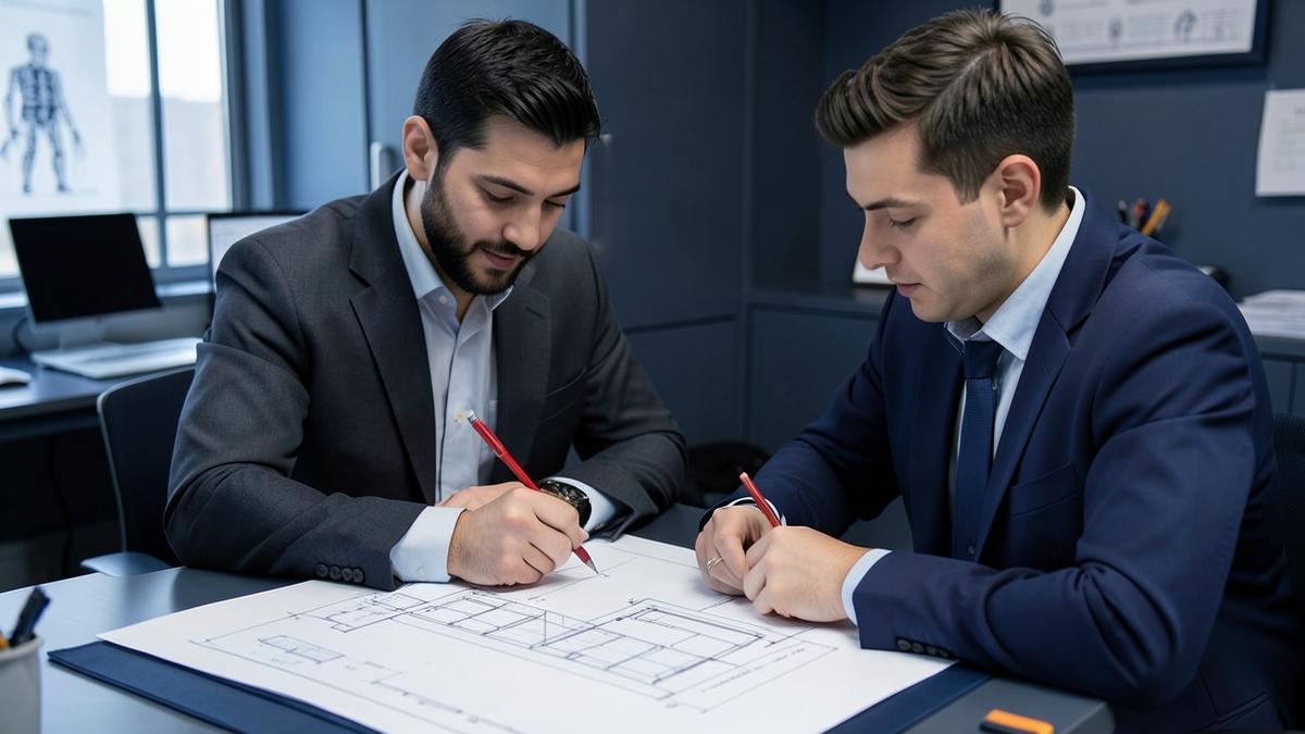 Dos profesionales revisando y corrigiendo planos en una oficina
