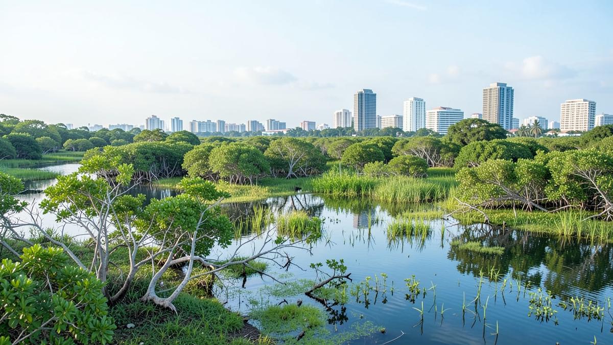 Zona de manglar y humedal costero junto a una ciudad en crecimiento