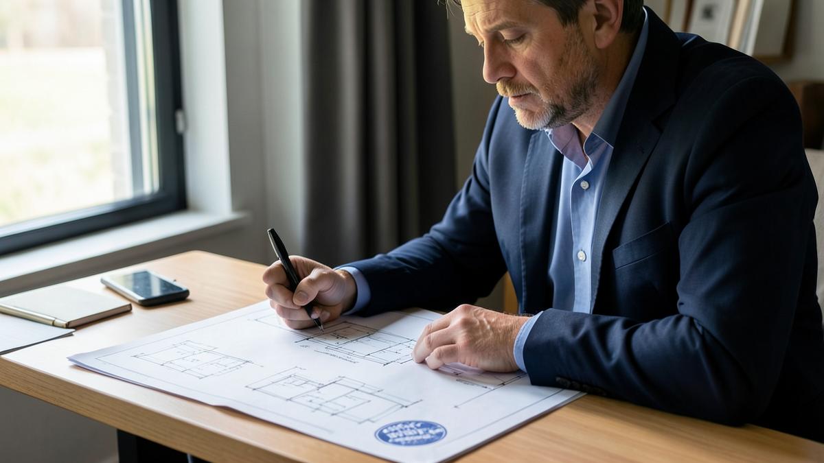 Profesional revisando planos de una obra sobre un escritorio