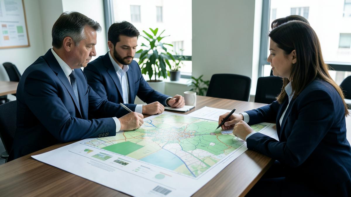 Equipo técnico analizando un plano de ordenamiento territorial
