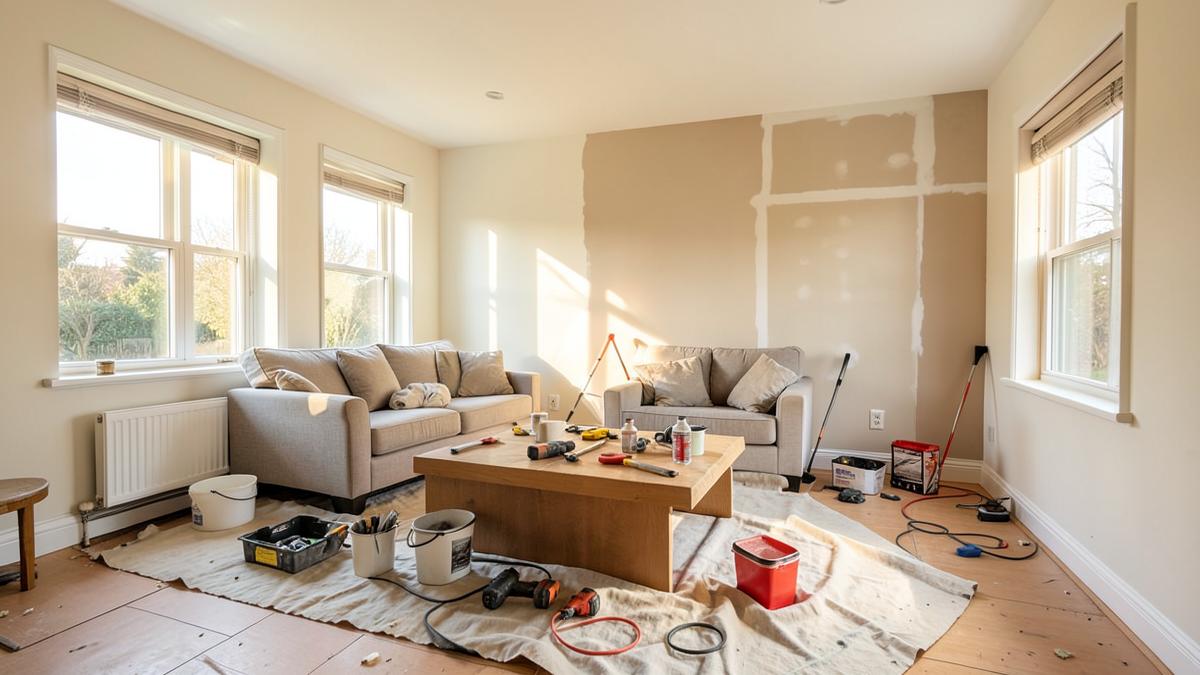 Sala de vivienda en proceso de remodelación con herramientas