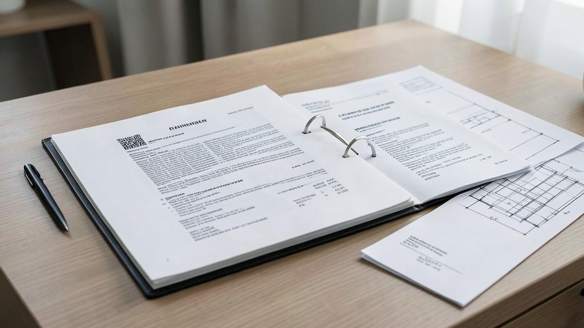 Carpeta con documentos técnicos y planos arquitectónicos sobre una mesa