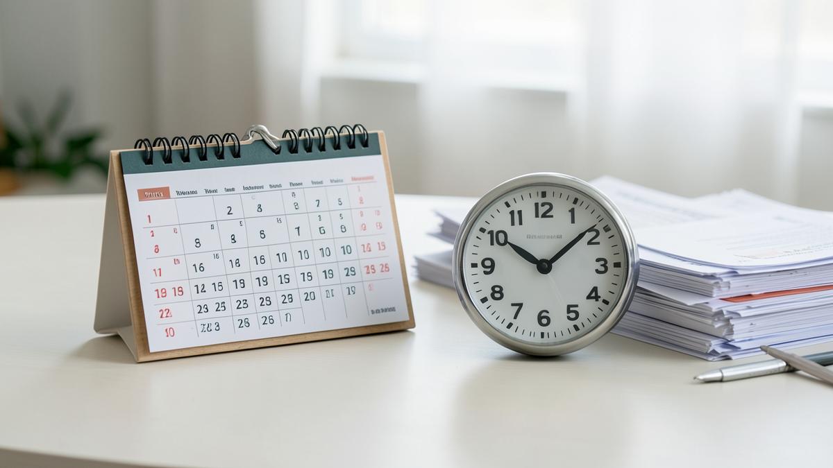 Calendario y reloj junto a una pila de documentos técnicos