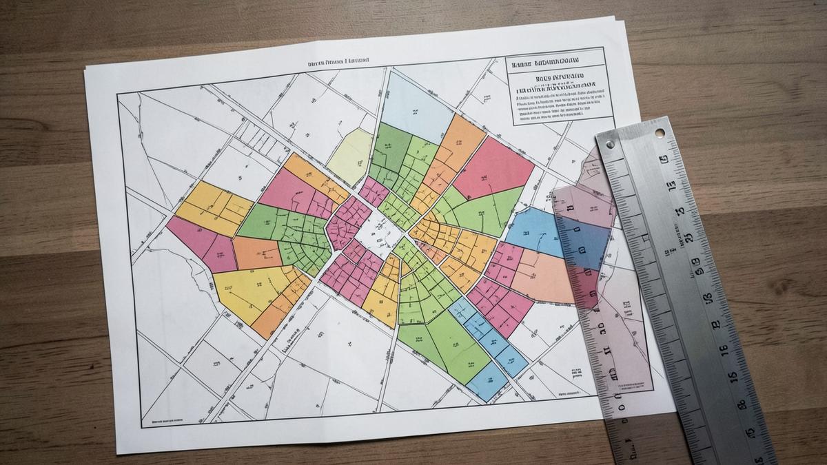 Plano de zonificación urbana con sectores de colores sobre una mesa